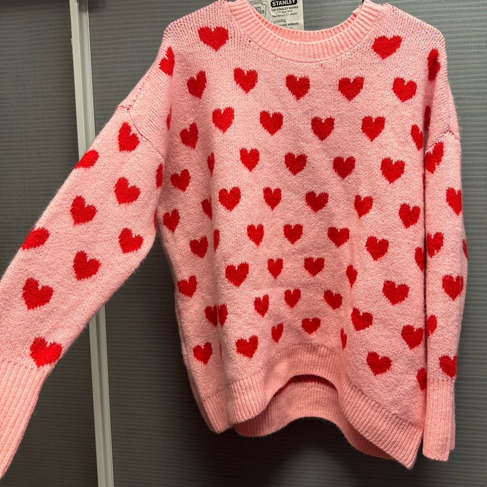 CeCe Pink and Red Heart Printed Valentines Day Knit Crew Neck Sweater, Size S